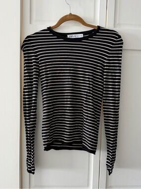 ZARA Black White Striped Long Sleeve Top Fitted Fine Knit Tee Size S